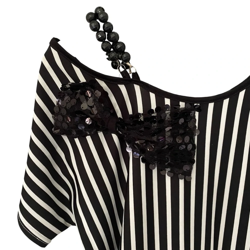 Boutique Women’s Stripes One Shoulder Ribbon Sequin Beaded Striped Sexy Dress S